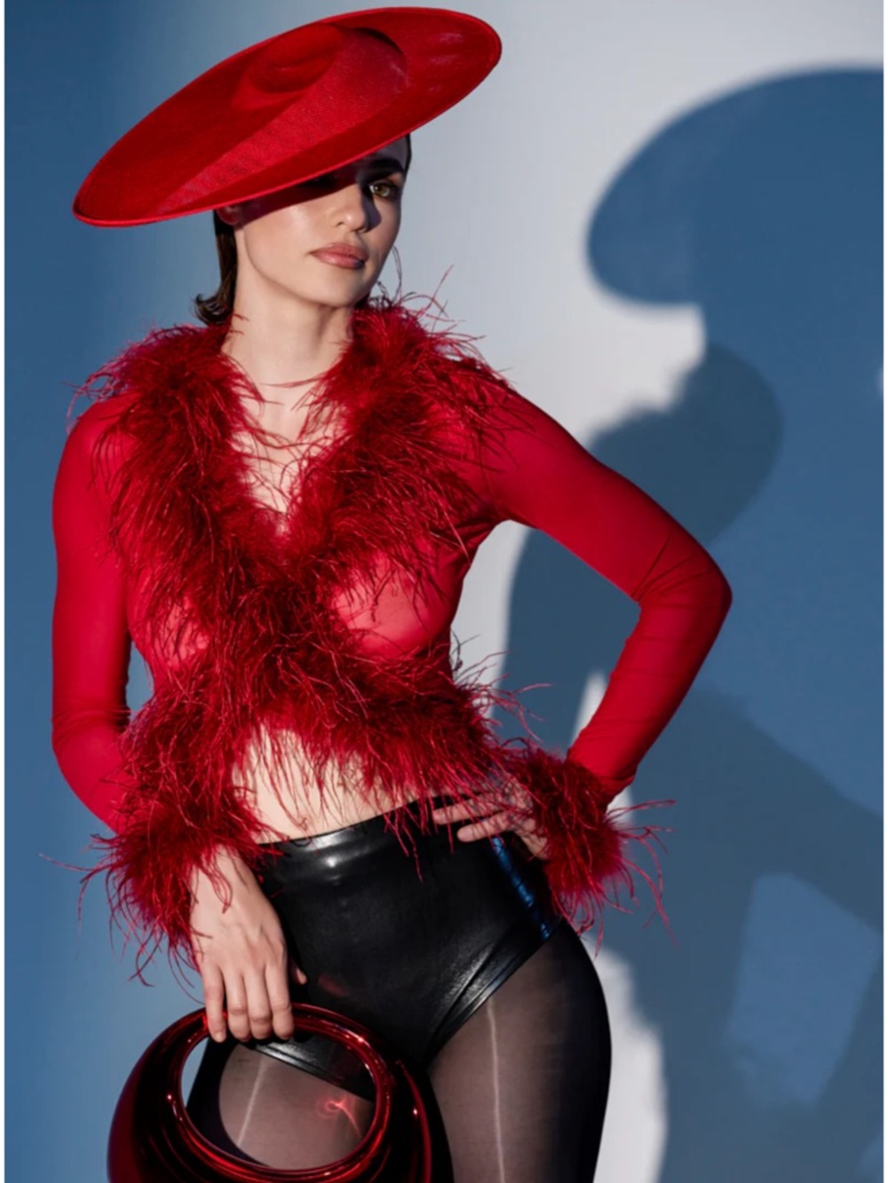 Akira Red Feather-Trim Long Sleeve Crop Top - Women's